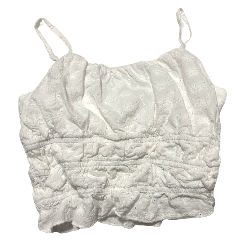 White Eyelet Ruffle Hem Cami Crop Top | Adjustable Straps | Girls L